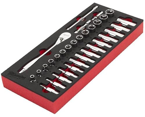 Milwaukee Juego de llaves de carraca y llave de vaso de 1/2 pulgada, inserto de espuma para carrito de taller de 30 pulgadas, 28 piezas