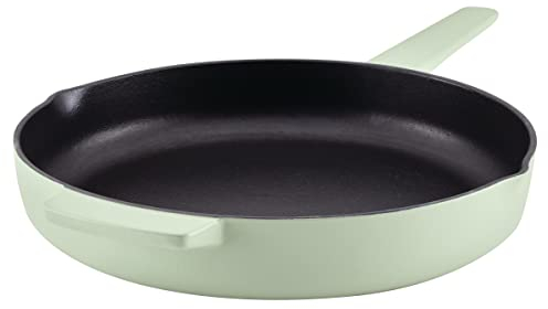 KitchenAid Enameled Cast Iron Frying Pan/Skillet with Helper Handle and Pour Spouts, 12 Inch, Pistachio