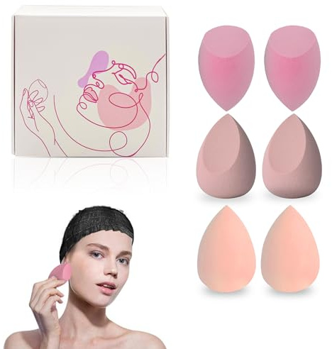 Esponja Maquillaje + Diadema - 6PCS Esponjas para Base Maquillaje Cara Profesional – Corrector, Colorete – Sin Látex – Uniforme y Natural (Set 6 esponjas + Diadema de Maquillaje)