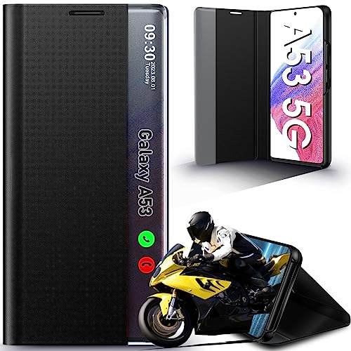 Handyhülle für Samsung Galaxy A53 Hülle Klappbar, Luxus Dünn Spiegel Flip Leder Hard PC Stoßfest Case Cover für Samsung A53 Hülle mit Ständer Klappbar, Clear View für Samsung Galaxy A53 5G Hülle