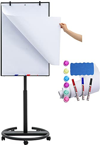 DexBoard Black Mobile Whiteboard on Wheels 36 x 24 Inch-Rolling Magnetic Dry Erase Easel Board with Flipchart Paper Pad-Height Adjustable Standing Board for Meetings, Classes, Training, Workshops