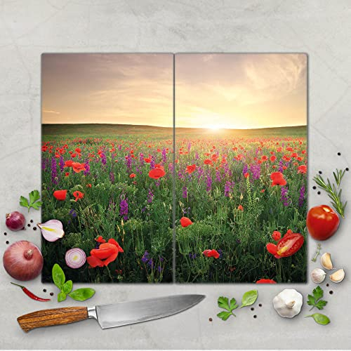 banjado Schneidebrett Glas mit Motiv Sommerfeld - großes zweiteiliges Glasschneidebrett rechteckig 2 x 30 cm x 52 cm - auch verwendbar als Schneidebrett Herdabdeckung