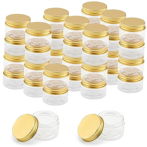 LEXININ Lot de 36 petits bocaux vides en plastique transparent avec couvercles dorés pour perles à paillettes crème de 30 ml