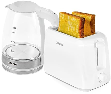 Geepas 2 Slice Bread Toaster & 1.7L Illuminating Electric Glass Kettle Set – 2200W Cordless Jug Kettle, Auto Shut Off & Boil Dry Sensor – 700W Toaster with 6 Level Browning Control, White