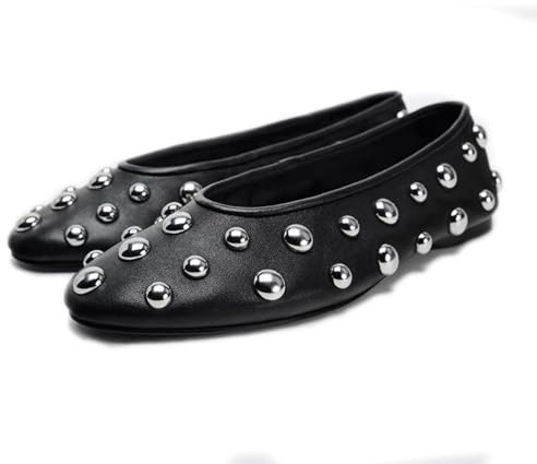 Gradinery Zapatos planos de ballet Mary Jane con diamantes de imitación para mujer, con tachuelas de cristal, correa de hebilla, zapatos de bailarina de vestir casuales brillantes, Negro -, 44 EU