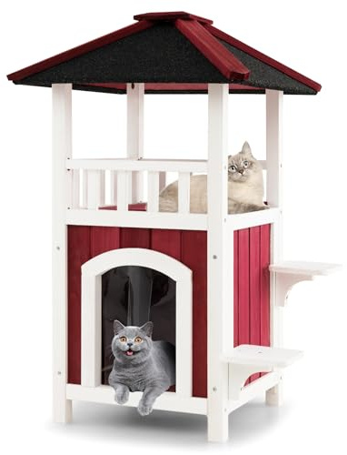 GOPLUS Casa para Gatos de Madera, Caseta para Gatos de 2 Pisos con Techo de Asfalto, Caseta Mascotas con Balcón y Cortina de Lluvia, Plataformas de Salto Intemperie, Interior Exterior, 58 x 50 x 87 cm