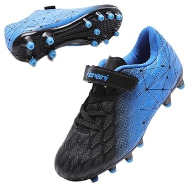 Hanani Chaussures de Football Garçon Fille FG/AG Spike Crampons Enfants Adolescents Profession Athlétisme Entrainement Chaussures de Sport Football Boots Antidérapant Kids Unisex Noir Bleu EU33