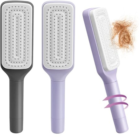 2 Stück Selbstreinigende Haarbürste, Ein-Klick-Reinigungskamm, Haarbürsten für Frauen, Luftmassagekämme, drehbarer Teleskopkamm, leicht kämmen und reinigen(Lila + Grau)