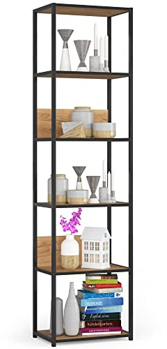 AKORD Libreria Industrial Style a 6 Ripiani 50 cm | Libreria Ferro e Legno | Aperto | Struttura a Scaletta | Scaffali autoportanti per Ufficio, Cucina, Bagni, Soggiorni | Biblioteca Nero/Rovere Craft