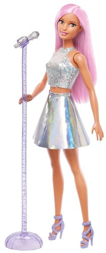 Barbie Pop Star Doll Dressed In Iridescent Skirt with Microphone and Pink Hair, Gift for 3 to 7 Year Olds, JCW42