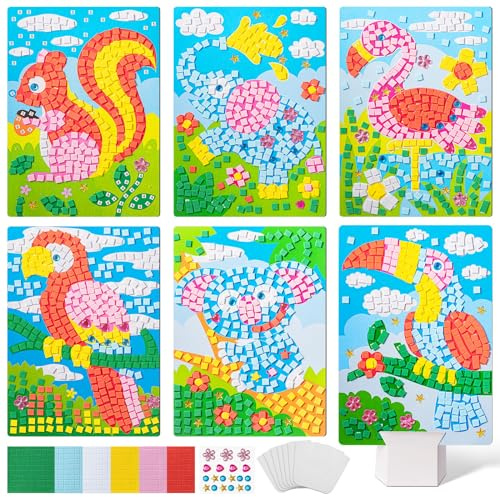 Tenare 6 Stück Frühling Mosaik Bastelset für Kinder Mosaik Aufkleber Set Mosaik Klebebilder für Mädchen Junge Selbstklebendes Kreativset für Kindergeburtstag Geschenk Party Beschäftigung (Schön)
