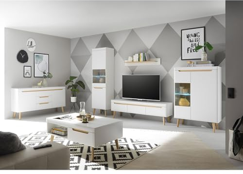 Lomadox Wohnzimmer komplett Set in Weiß Matt mit Eiche, 6-teilig inkl. Beleuchtung, Standvitrine, TV-Lowboard, Wandboard, Vitrine, Sideboard, Couchtisch