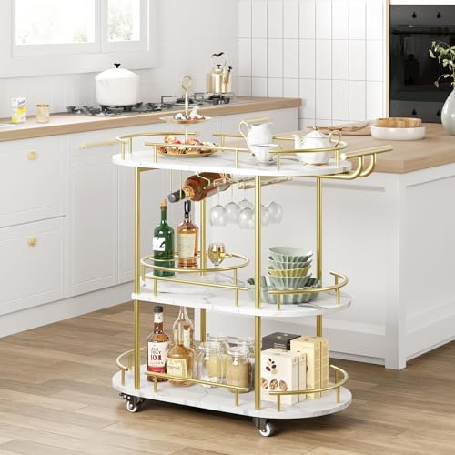 LUNSY Carro de Servicio Dorado con Ruedas – Carro de Cocina Estrecho con Marco de Metal y Estante de Madera, Carrito de Cocina, para Bar, Cocina, Comedor