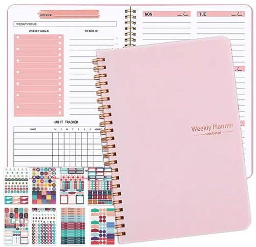 Weekly Planner Semainier Planificateur Planning Hebdomadaire Agenda non Daté A5 Spirale Planificateur de 52 Semaines Bloc de Liste de Tâches Carnet de Notes Bloc-Notes Agenda Quotidien(Rose)