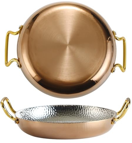 ANSNOW Paellera de Acero Inoxidable de 4 Tamaños, Paellera Española Martillada a Mano, Paella de Mariscos, Utensilios de Cocina Antiadherentes con Doble Asa para Hogares O Restaurantes/Oro Rosa/20 C