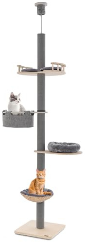 COSTWAY Floor to Ceiling Cat Tree, 5 Tier Tall Cat Tower with 236-271cm Adjustable Height, Scratching Posts, Cattail Basket Bed, Hammock, Climbing Activity Center for Indoor Cats
