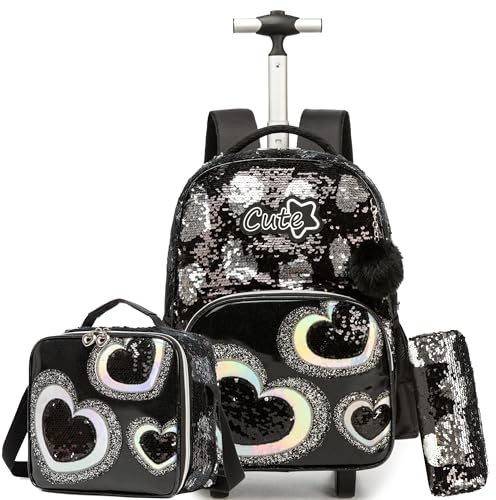 HTgroce Trolley Backpack with Wheels, Pencil Case, Lunch Bag, 3-in-1 Lightweight Rolling School Bag for Girls, School Bags Trolley Sets, Black Heart