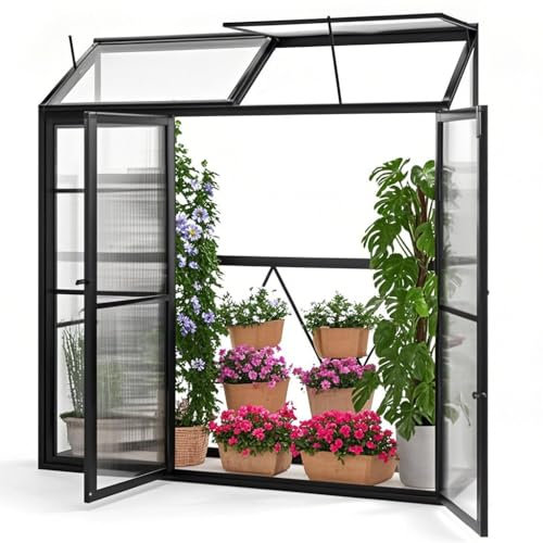 COSTWAY Invernadero de Aluminio para Exteriores, 180 x 52 x 190 cm Mini Invernadero con Techo Solar y 3 Puertas con Cerradura, Placa de PC, para Frutas, Verduras, Flores (Debe Usarlo contra una Pared)