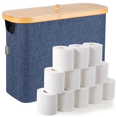 Vencier 23L Toilet Roll Storage (Holds 9 Rolls) – Bamboo Bathroom Storage Box with Lid & Handle | Multifunctional Toilet Paper Holder Stand & Basket Cabinet (Blue, 23L)