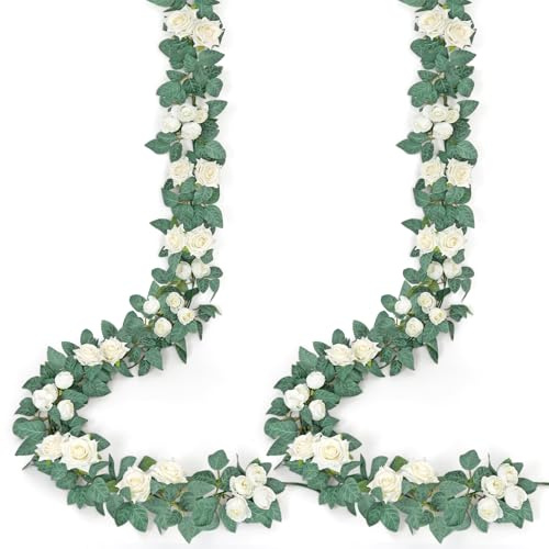 Weldomcor 2 Stück Künstliche Rosengirlande 2m Blumengirlande Weiß Seidenblumen Wetterfest UV -beständig Blumenkette für Hochzeit Garten Balkon Wanddeko Party Tischdeko Terrasse Zuhause Deko
