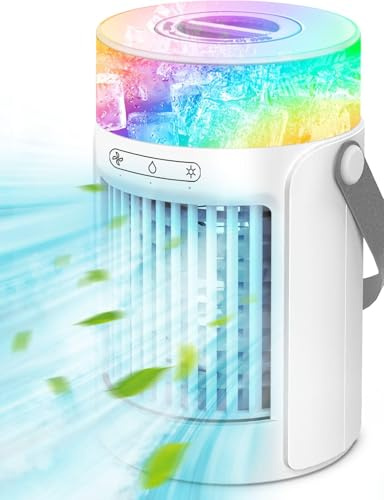 Ventilador portátil de aire acondicionado, mini enfriador de aire evaporativo con 3 velocidades, 7 colores, humidificador de nebulización, enfriador de aire personal, pantalla táctil, ventilador de