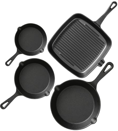 YIYOBEATFO Pre-Seasoned Cast Iron skillets,4 Piece Durable Pots and Pans Set with Handle Covers for Grill, BBQ, Camping Fire, Stovetop, Kitchen and Camping Cookware