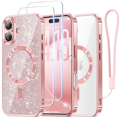 Meifigno Designed for iPhone 17 Case 6.3, [Glitter Card & Wrist Strap] [Compatible with MagSafe] [2X HD Screen Protectors] Surround Raised Lens Protection for 17 Case, Rose Gold