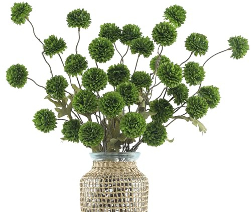 DuHouse 6pcs Artificial Pompon Mum Flowers with Stems, Faux Silk Mini Chrysanthemum Ball for Home Decoration, Bouquets, Table Centrepieces, DIY Floral Crafts(Green)