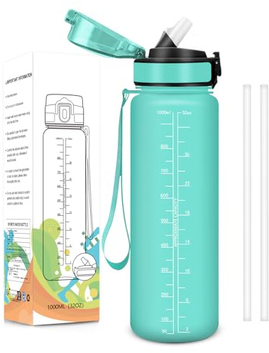 Baramumu Borraccia 1000ml, Senza BPA, Borraccia Acqua con Cannuccia, Reutilizables, A Prova di Perdite, Borracce Motivazionale per Palestra, Cucina, All'aperto - Blu&verde