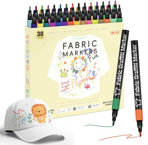 APXEL Textil- och tygmarkörer, 30 färger textilfiltmarkör, outplånlig finspets markör, giftfri för T-shirt, tygpåse och andra tyger - för barn och vuxna