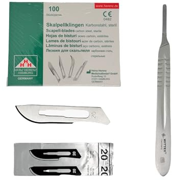 Wittex Skalpell-Set – 100 sterile Skalpellklingen Nr. 20 aus Karbonstahl Heinz Herrenz inkl. Skalpellhalter Nr. 4 aus Edelstahl
