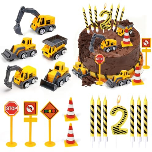 17 PCS Geburtstagsdeko 2 Jahre Junge, Tortendeko Geburtstag - Bagger Kinder 2 Jahre + Geburtstagskerze 2 + Verkehrsschilder Kinder, Bagger Deko Kindergeburtstag 2, 2 Jähriger Junge Geschenk