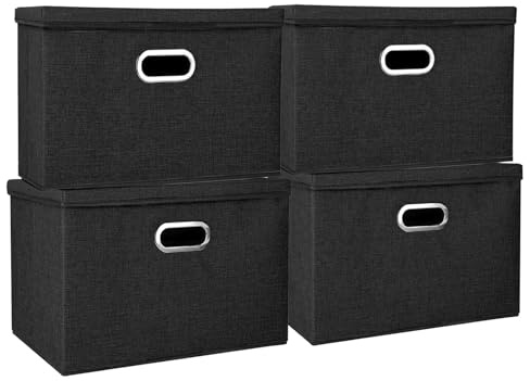 Youyijia Aufbewahrungsbox mit Deckel Faltbox Faltbare Stoffboxen 45x30x30cm Spielzeug Organizer mit Griff Würfel Stoff Faltkiste Aufbewahrungsbehälter für Spielzeug Schränke Kleidung (Schwarz-4er)