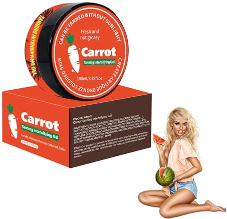 Gel intensificador del bronceado de zanahoria, acelerador del bronceado en camas solares, con aceite de coco y vitaminas A y E. Logra un bronceado natural con ingredientes naturales.