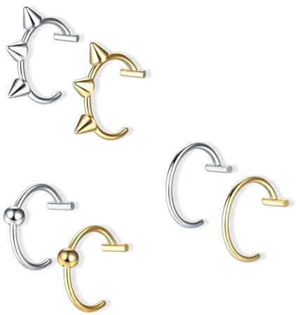 fKiZanthene 6 Stück Fake Piercings C aus versilbertem Stahl, Ringe ohne Loch, Fake Piercing Nase und falscher Septum-Piercing, Lippenclips, zum Tragen zu Hause oder bei Ausflügen und Veranstaltungen