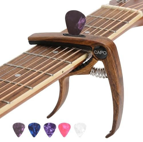 LOLANIUT Kapodaster Capo Gitarr Med 5 Plektrum, Exakt Kapodaster Med Trädesign, Tre-I-Ett Gitarrtillbehör, Perfekt För Akustisk Gitarr, Västerländsk Gitarr Och Gitarrtillbehör