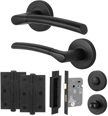 EAI Matt Black Door Handles with Bathroom Lock 80mm, Hinges - Bova | Complete Bathroom Kit with 1 Pair of Door Handles, 80mm Lock, 76mm Hinges and Thumb Turn Set, Fixings Included