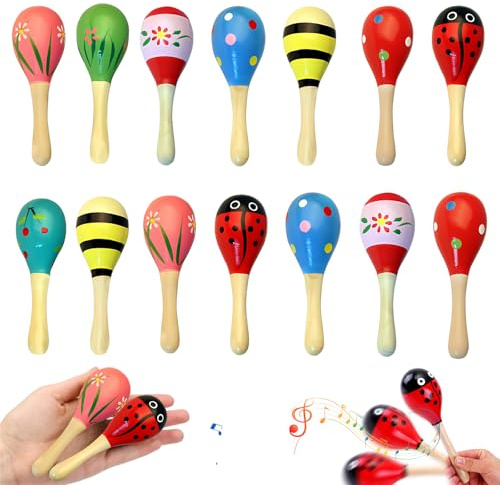 14 Stück Holz Maracas Rassel, Mini Holzrassel Hölzerne Rasseln Musikinstrumente für Partys Geschenke Schulen Musikunterricht (Zufälliges Stilmuster)