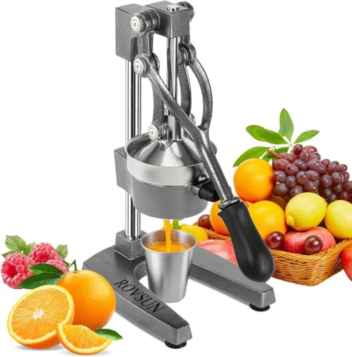 Manual Cast Iron Citrus Juicer Hand Press, Heavy Duty Fruit Press & Orange Juice Squeezer, Commercial Grade Manual Juicer for Citrus, Lemon, Lime & Pomegranate (Grey)