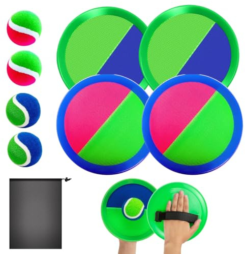 SHUOHONG Juguetes Playa 4 Raquetas 4 Pelotas Juegos Exterior Niños Bolsa Almacenamiento Pelota Fácil de Aprender Juegos al Aire Libre para niños Playa Jardín Patio Trasero Piscina Camping Actividades