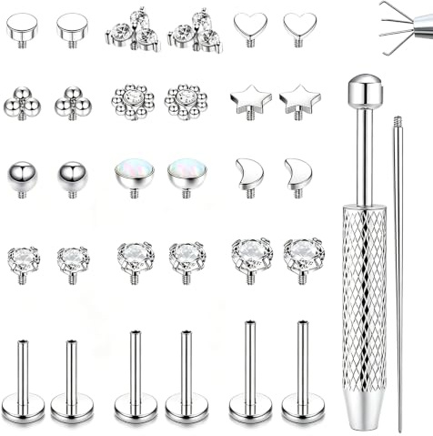 YUZHEDM 16G Piercing Set Tragus Helix Piercings Edelstahl Conch Piercing | Nasenpiercing Tragus Piercing lippenpiercing labret Piercing Studs für Frauen Männer Silber 6/8/10MM