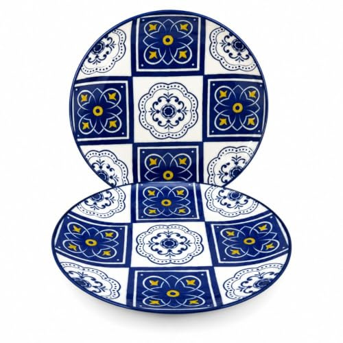 cecaro group Set 12 Piatti in Ceramica Decorata Blu Gialla – 6 Piatti Piani Ø 23 cm + 6 Piatti Fondi Ø 20 cm – Servizio Tavola per 6 Persone