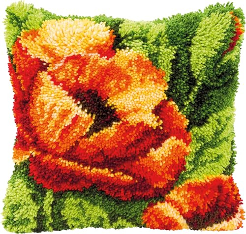 VERVACO Knüpfkissen Set Deko Kissenbezug Knüpfset für Anfänger ORANGE Blume Basteln Erwachsene Kreativ DIY Handarbeit Kissen zum Selber Knüpfe ca. 40 x 40 cm Latch Hook Kit Knüpfhaken Set Kissen