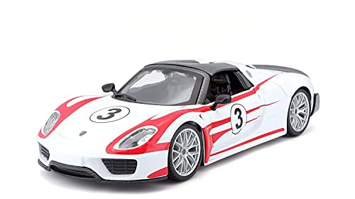 Bburago Race Porsche 918 Weissach #3: Modellauto im Maßstab 1:24, Türen zum Öffnen, lenkbar, 15 cm, weiß (18-28009)