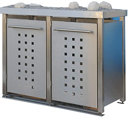 Mülltonnenbox aus Edelstahl mit Edelstahlpfosten, aufgebaut (2X 240l, T-Design, Pflanzenwanne, Edelstahl)