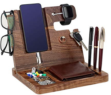 Docking station per telefono in legno di noce, idea regalo per uomo, comodino con portachiavi, supporto per portafoglio e organizer per orologi, per fidanzato, marito, moglie, papà, per anniversario,