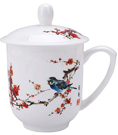 fanquare Flowers and Bird Painting Ceramic Tea Cup, Handmade Floral Porcelain Tea Cup with Lid, 300ml