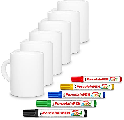 Bastel-Tassen ohne Druck zum Bemalen aus Hochwertiger Keramik Einzeln oder im Set/Mug/Cup/Becher/Pott Espresso Tasse (Henkel Rund) 6er Set mit Porzellanmalstifte