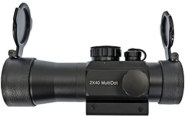 X-Bow FMA Multi Dot 2x40 Red Dot Visier – Robustes Aluminium-Visier mit 4 Zielbildern, 5-stufiger Beleuchtung (Rot/Grün) – 2-fache Vergrößerung, Picatinny-Montage, Staubschutzkappen inkl.