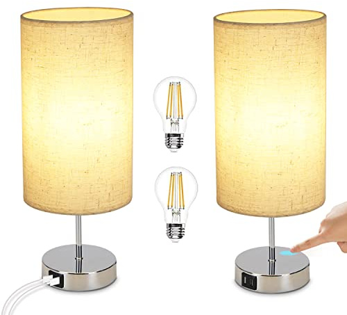 GBLY Nachttischlampe Touch Dimmbar 2er Set Modern Tischlampe mit USB | Anschlüsse, Schlafzimmer Nachttisch Lampe mit Ladefunktion, Chrom Bettlampe mit Stoffschirm, Tischleuchte E27 für Hotel Bett